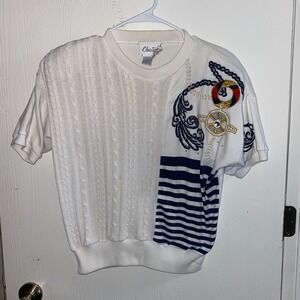 Vintage Christine Nautical Embroidered Cable Knit sweater Shirt Top White Large